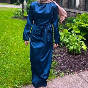 Navy blue long sleeve satin dress